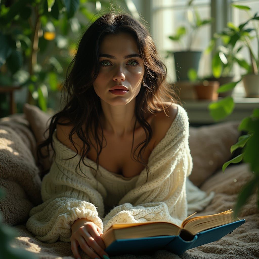 Woman with Green Eyes in Sunlit Room