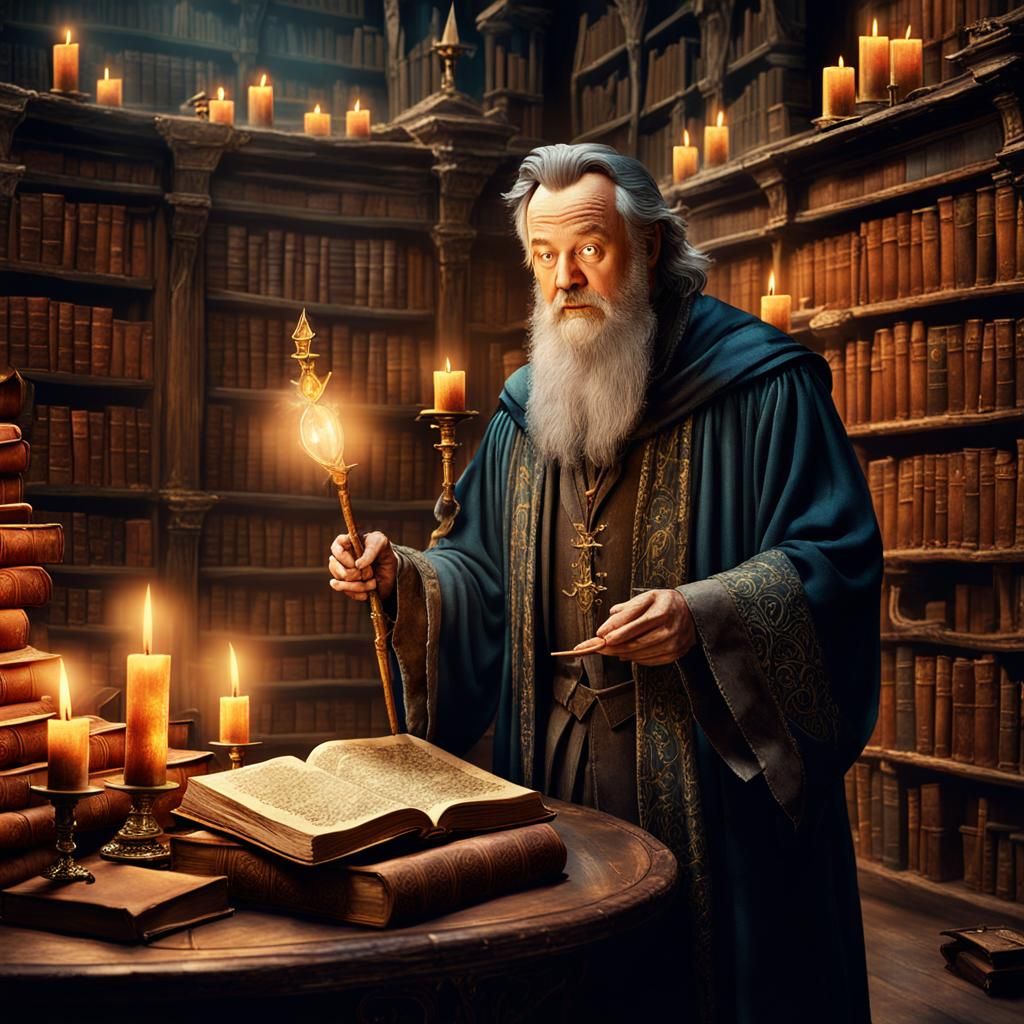 Wizard in Mystical Library Illustration