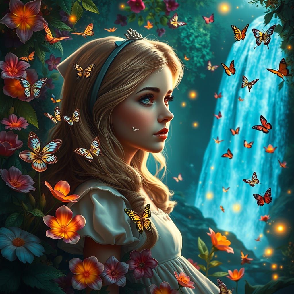 Surreal Wonderland Scene with Waterfall, Butterflies, and Bl...