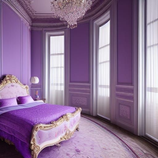 Opulent French Bedroom in Purple and Cyan: Hyperrealistic Di...