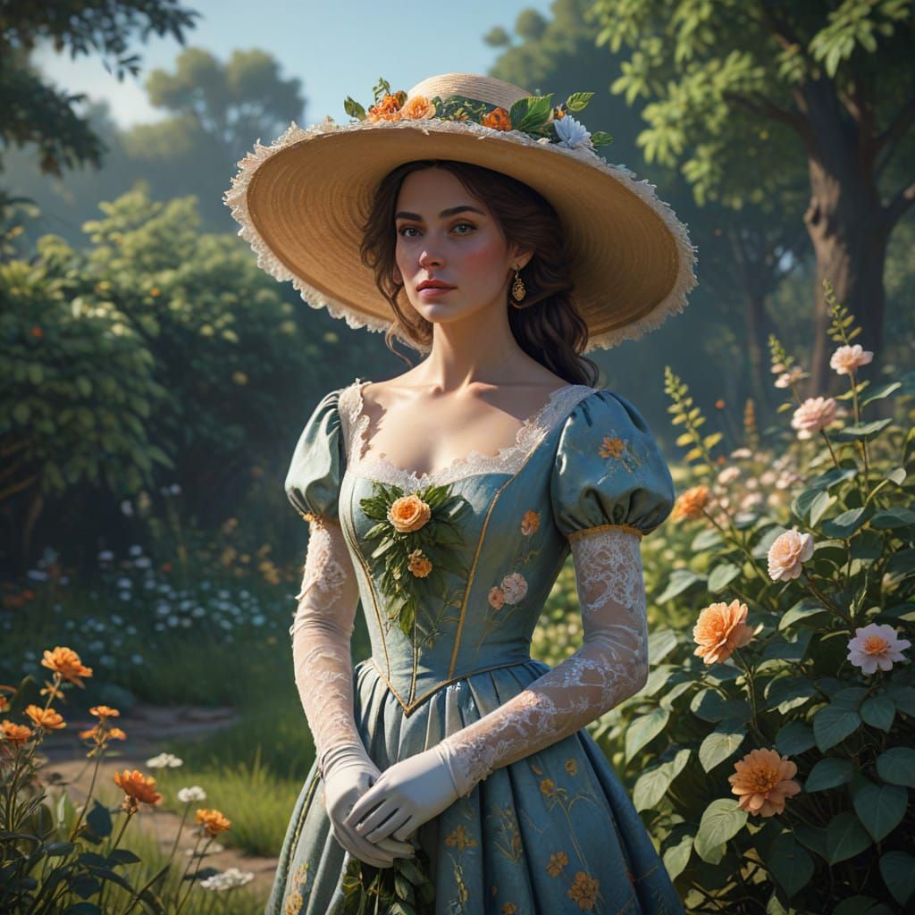 Elegant Lady in 19th-Century Garden, Impressionist Style Pai...