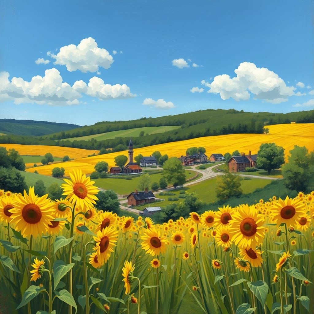 Ukrainian Village with Vibrant Sunflowers in Impressionist S...