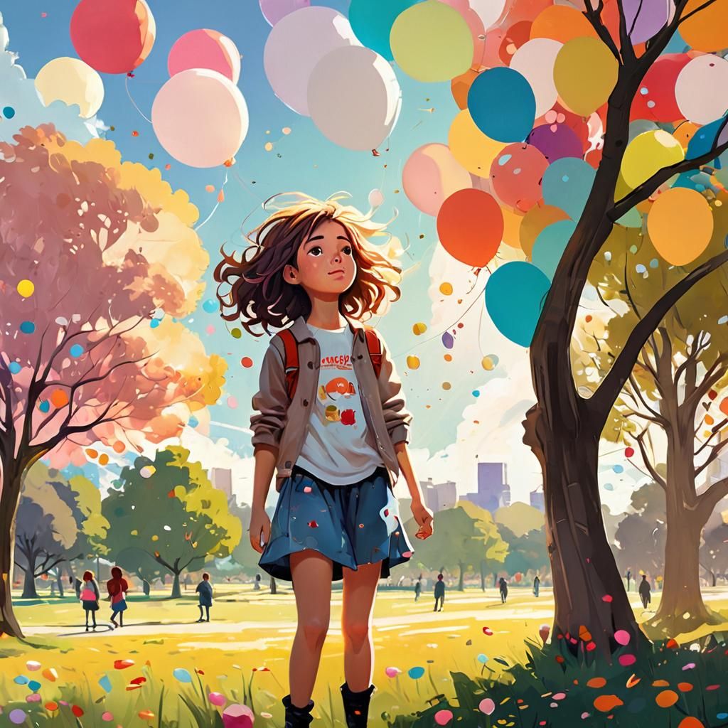 Young girl with a bright smile and wind-swept hair, surround...