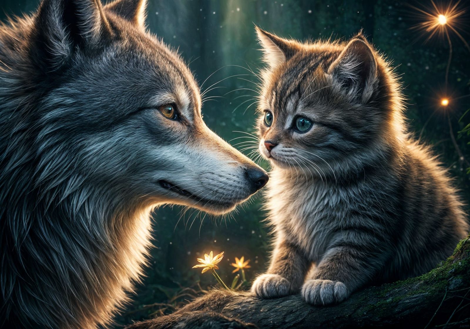 Kitten and Wolf Nose Touch: Fantasy Realism