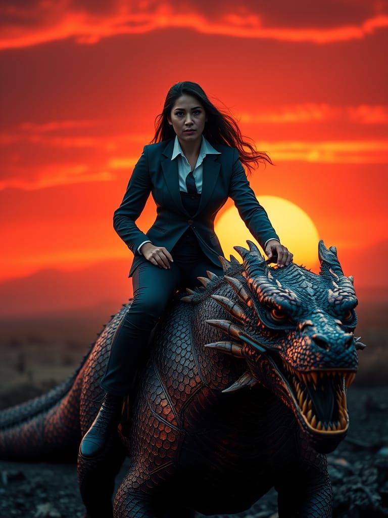 Woman Rides Fire Dragon at Sunset: Photorealistic Art