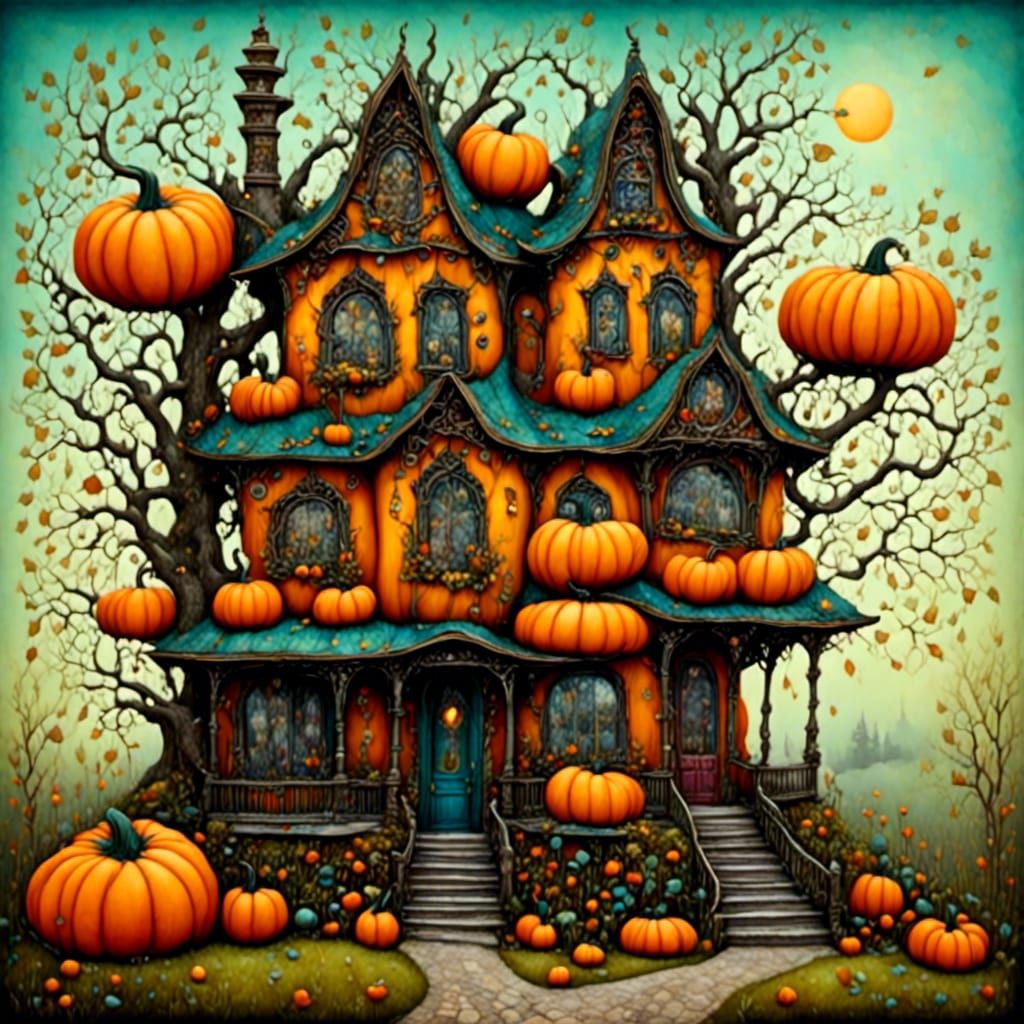 Whimsical Pumpkin House with Surreal Garden