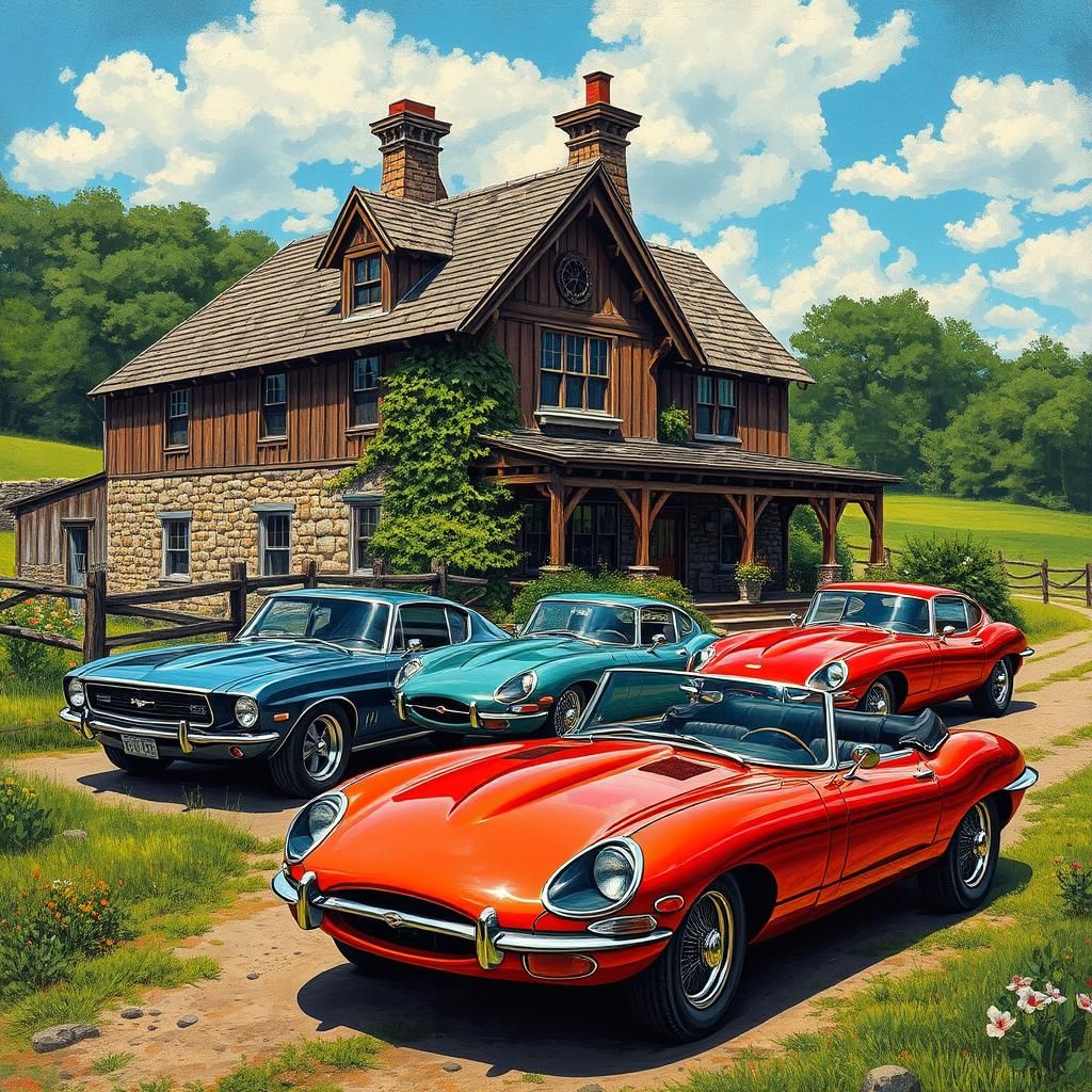 Classic Cars Meet Victorian Farmhouse in Graffiti Art Style
