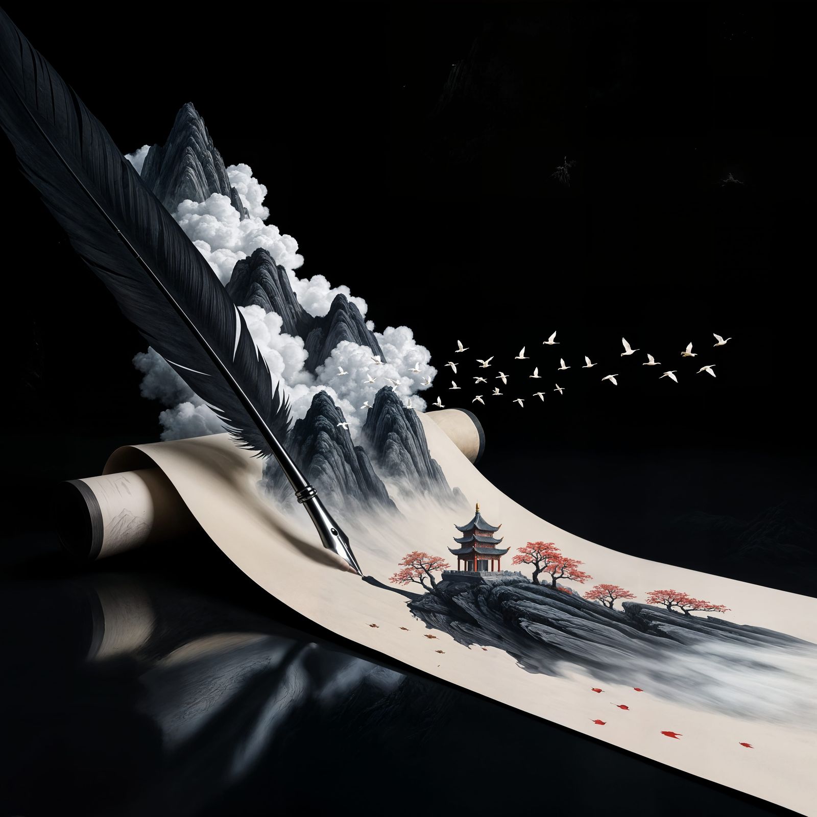 Giant Quill Paints Chinese Landscape on Ancient Scroll