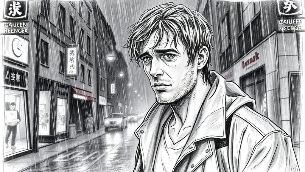 Sad Man Walks in Rain: Pencil Sketch Art