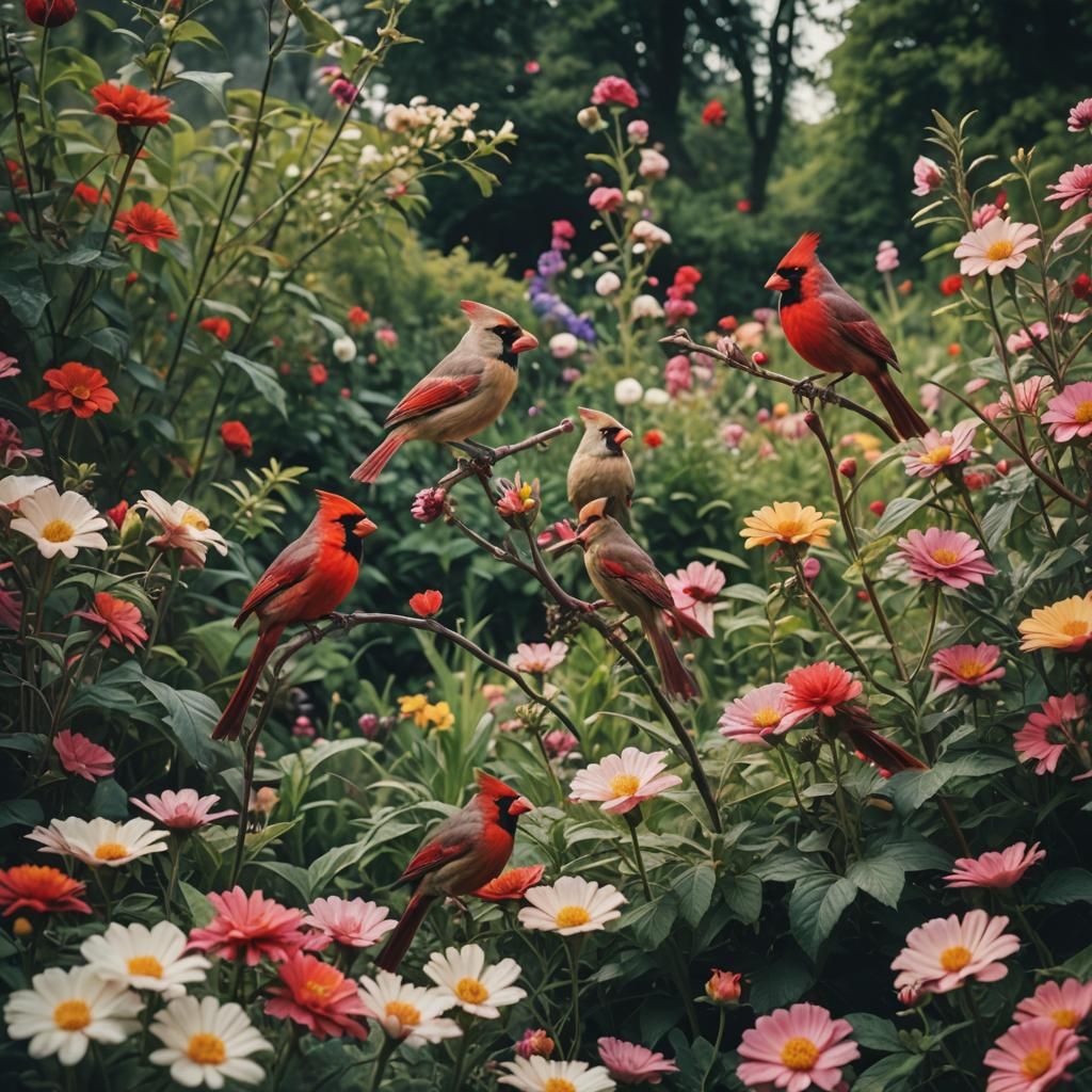 Cardinal in a Flower Garden: Cinematic Still
