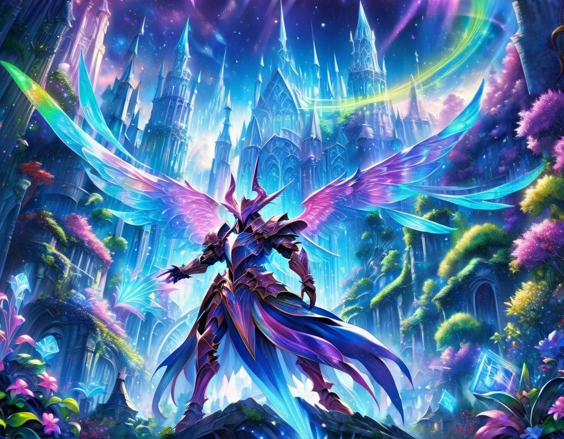 Ethereal Knight Amidst Cosmic Ruins in Iridescent Hues