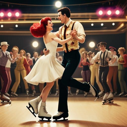 Whimsical retro blockbuster musical people dancing on skates telephoto lens