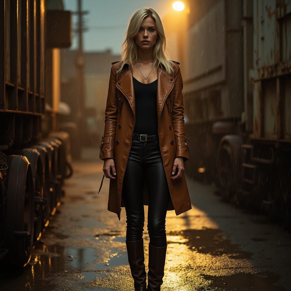 Blond Woman in Leather on Rainy Loading Bay