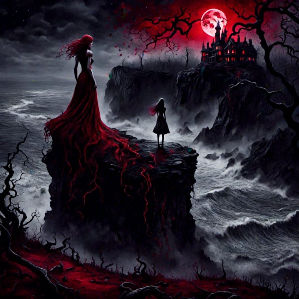 Lonely Woman on Cliff in Gothic Watercolor Style