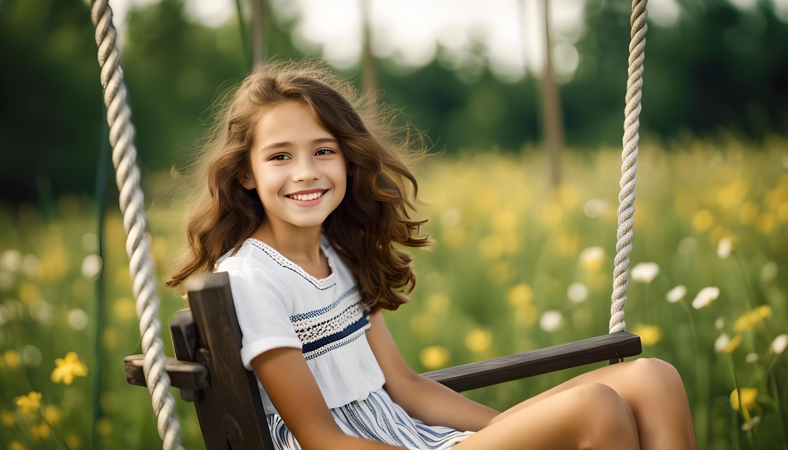 Innocent German Girl on a Swing in Summer Field