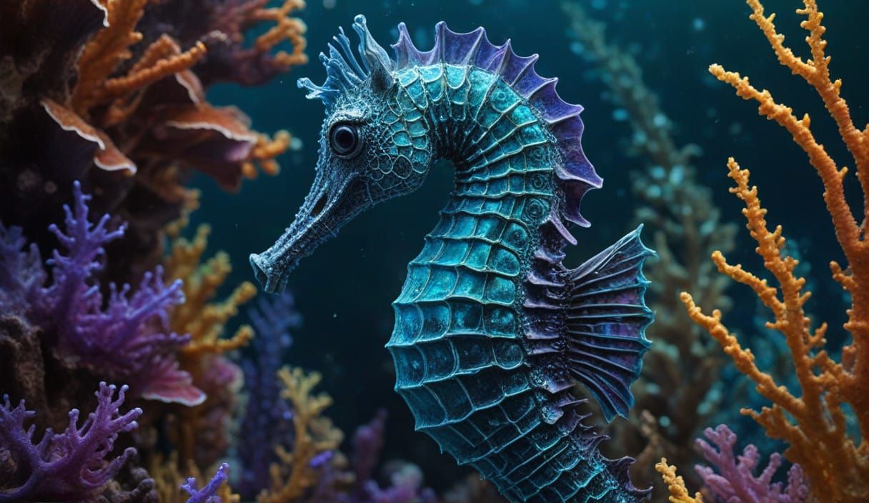Iridescent Seahorse Amidst Vibrant Corals in Hyperrealistic...