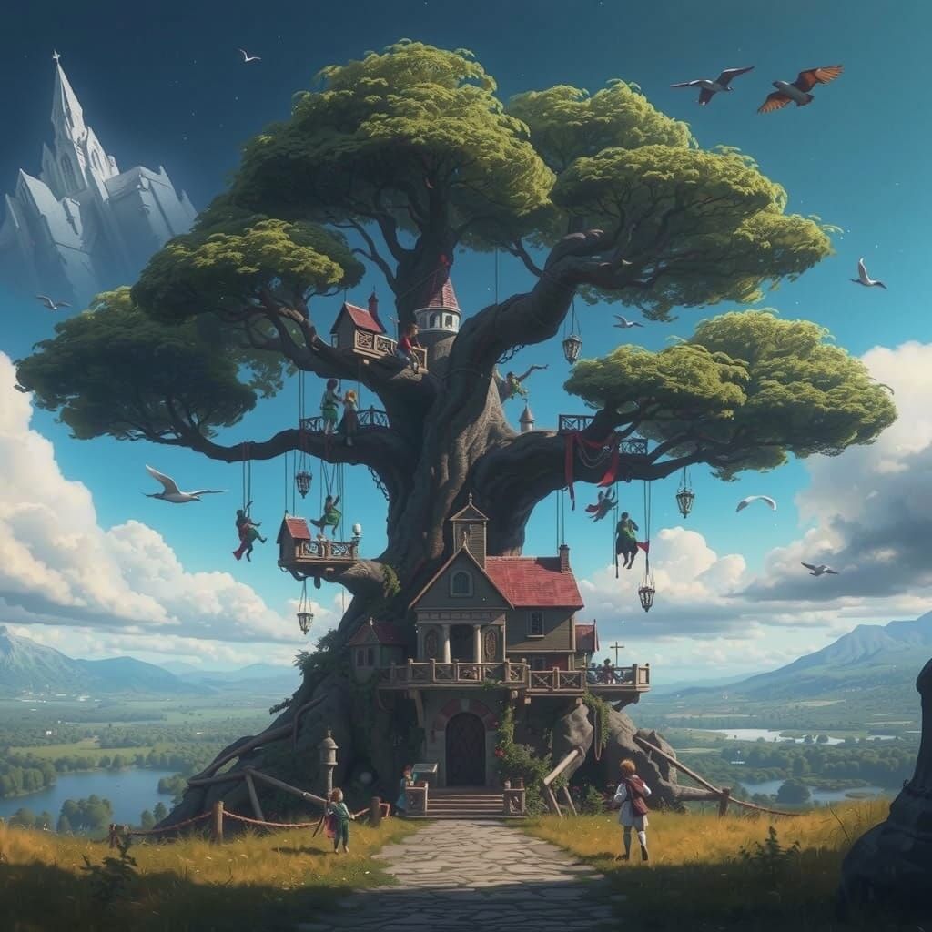 Whimsical Children in Renaissance Attire Climb Book Tree Ami...