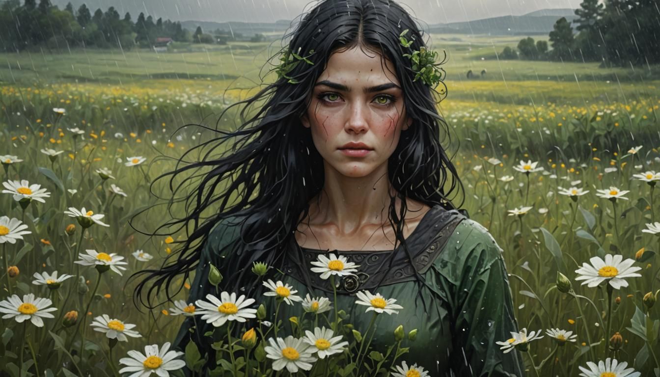 Dark Fantasy Woman in Rainy Flower Field