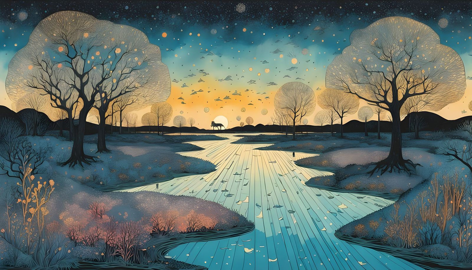 Surreal Wetlands Landscape in Vivid Abstract Colors