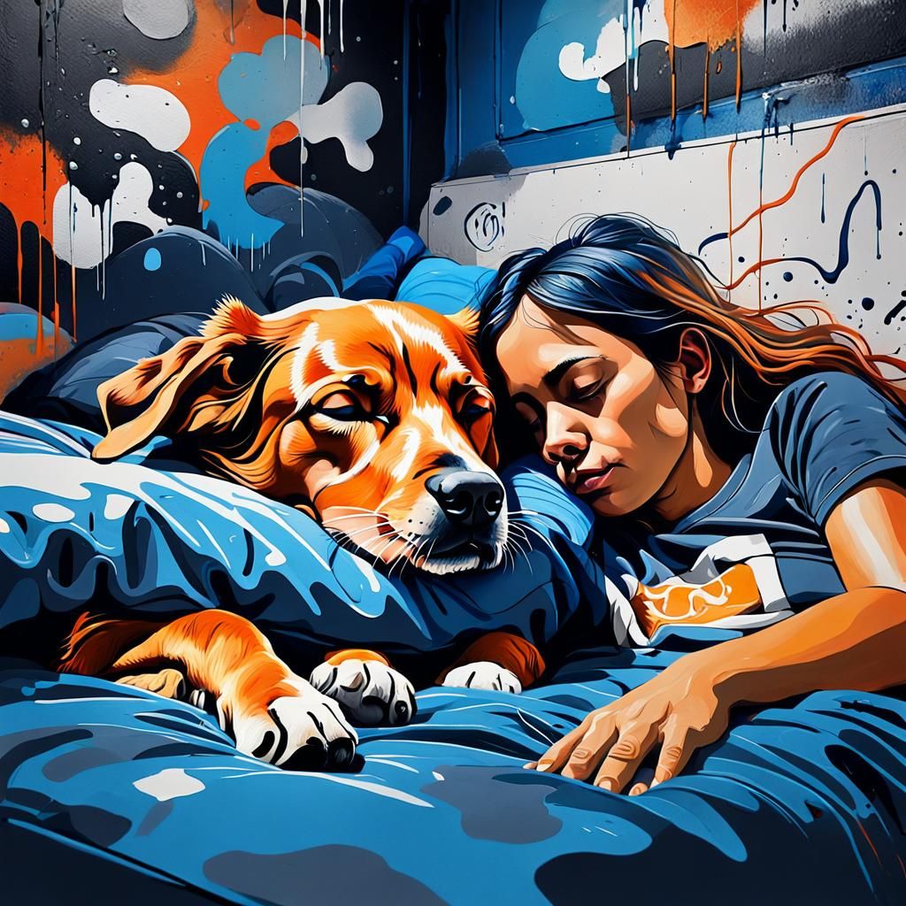 Street Art Portrait of Sleeping Dog and Woman