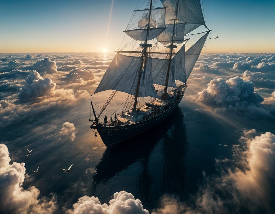 Schooner Sailing Above Clouds in Digital Painting
