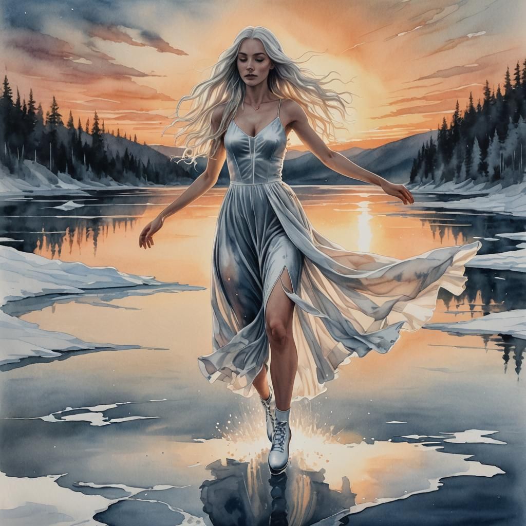 Girl Ice Skating Gracefully on Lake at Sunset