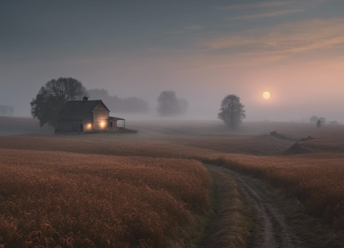 Moonlit Farmhouse Landscape in Autumn Mist