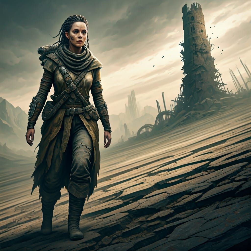 Resilient Explorer Navigates Apocalyptic Wasteland Landscape