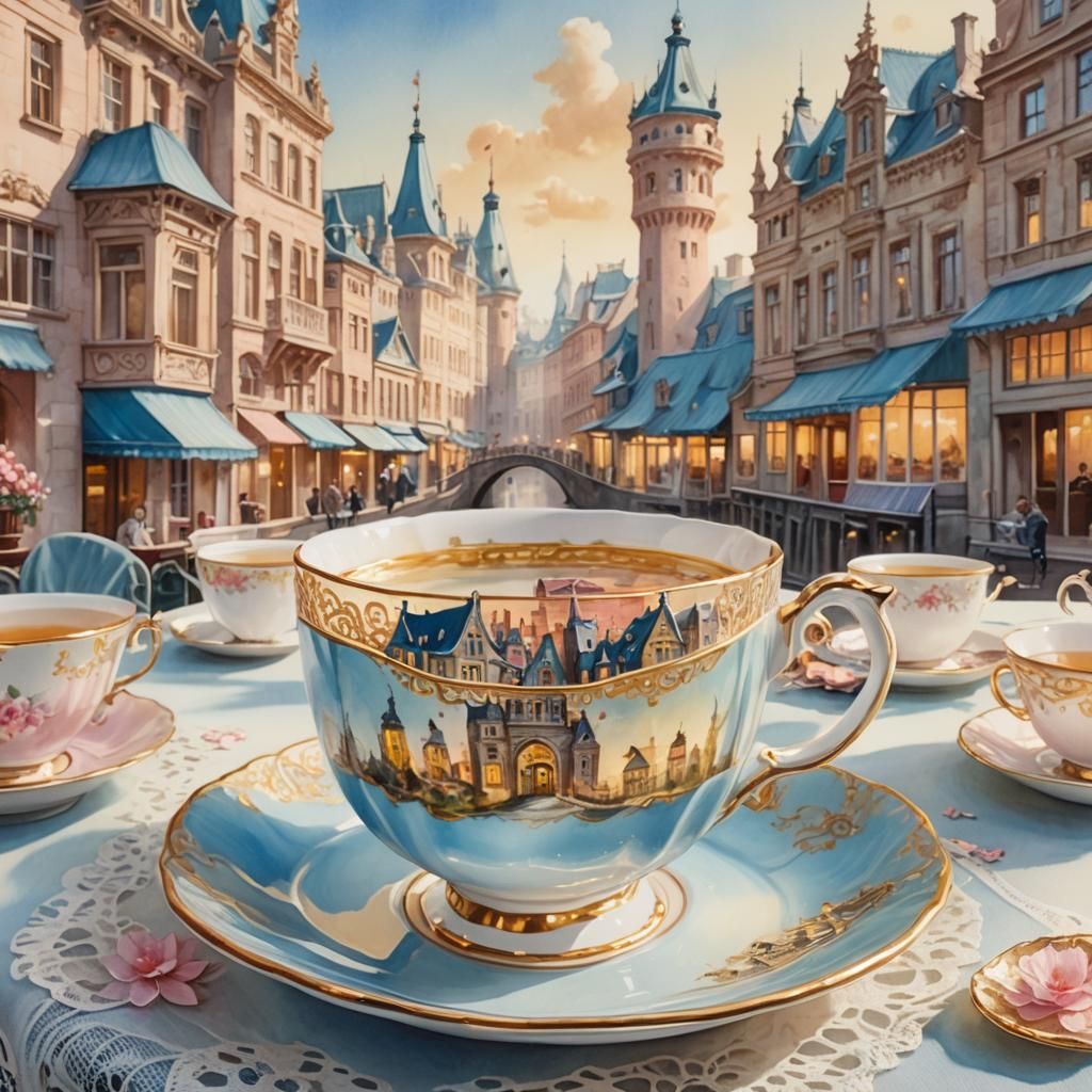 Cityscape in Teacup: Whimsical Surrealism in Watercolor