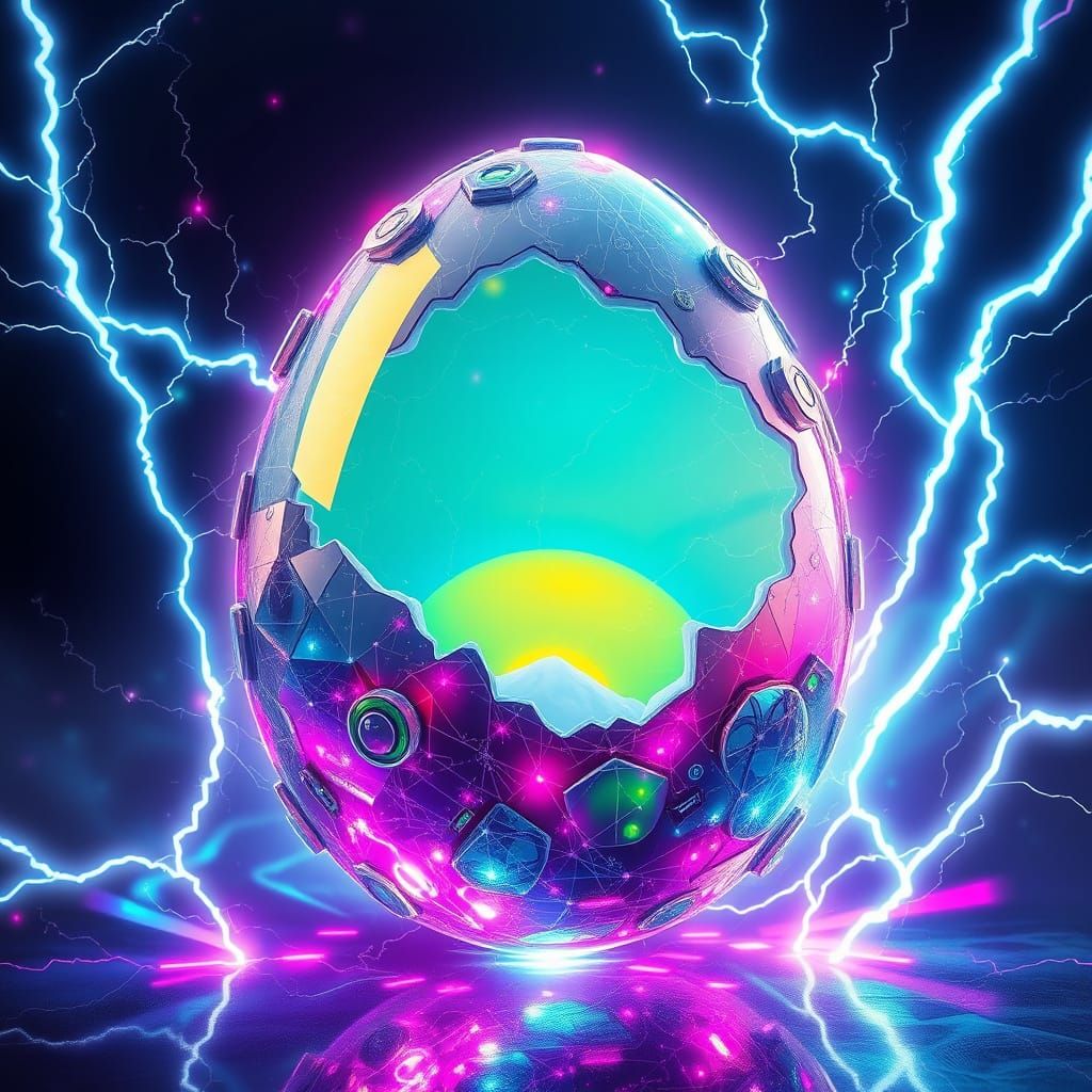 Cosmic Egg Unfolds in Cyberpunk Hues