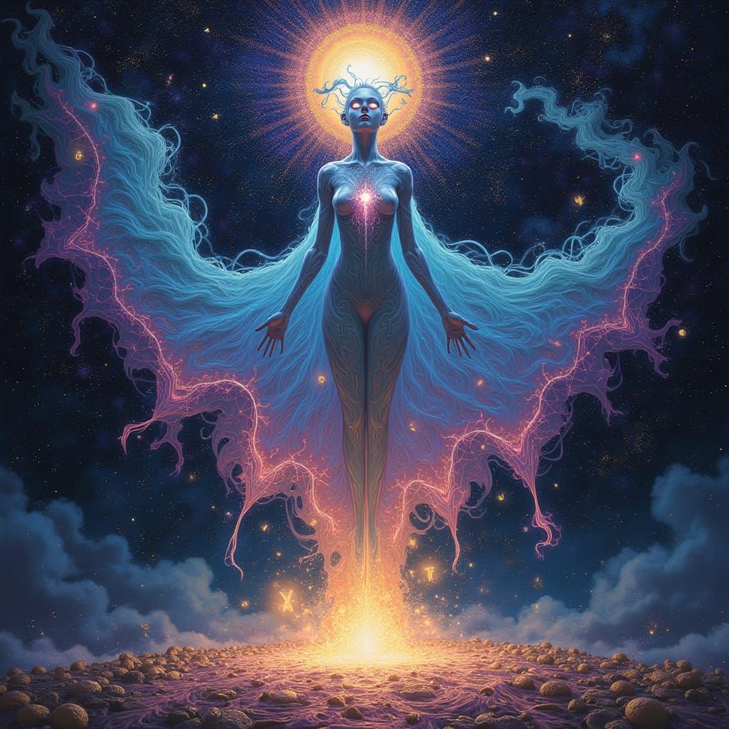 Ethereal Being Embodies Cosmic Wisdom in Cyberpunk-Infused D...