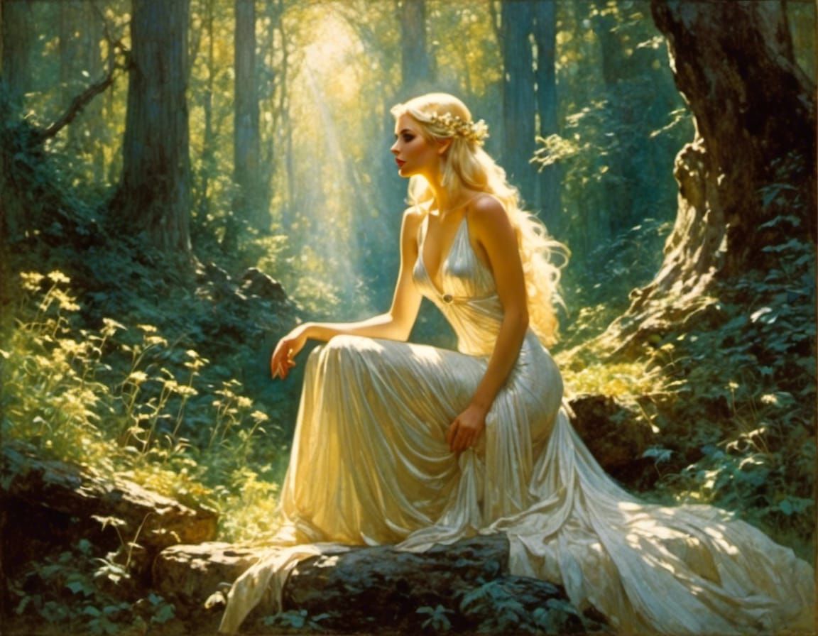 Blond Elf in Sunlit Forest, Art Deco Style