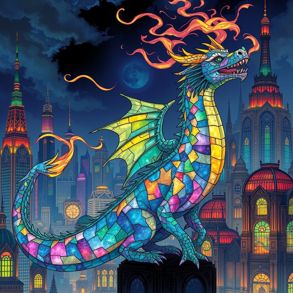 Ethereal Steampunk Dragon Ignites Art Deco Cityscape