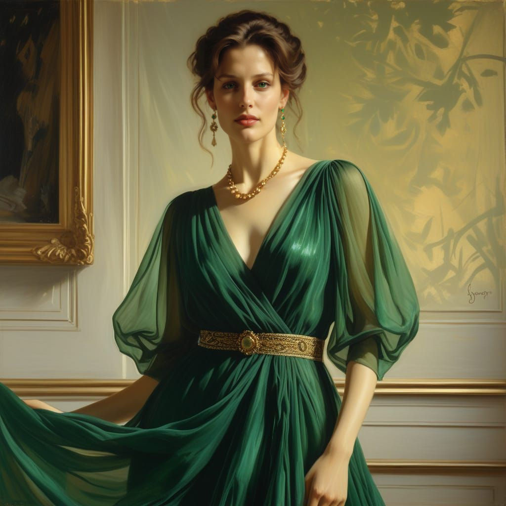 Oil painting. Medium shot. A beautiful feminine woman wears ...