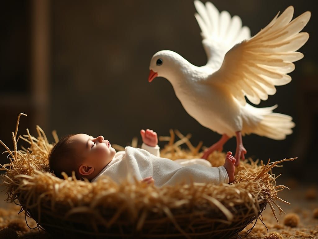 Angel Beside a Holy Newborn in a Manger