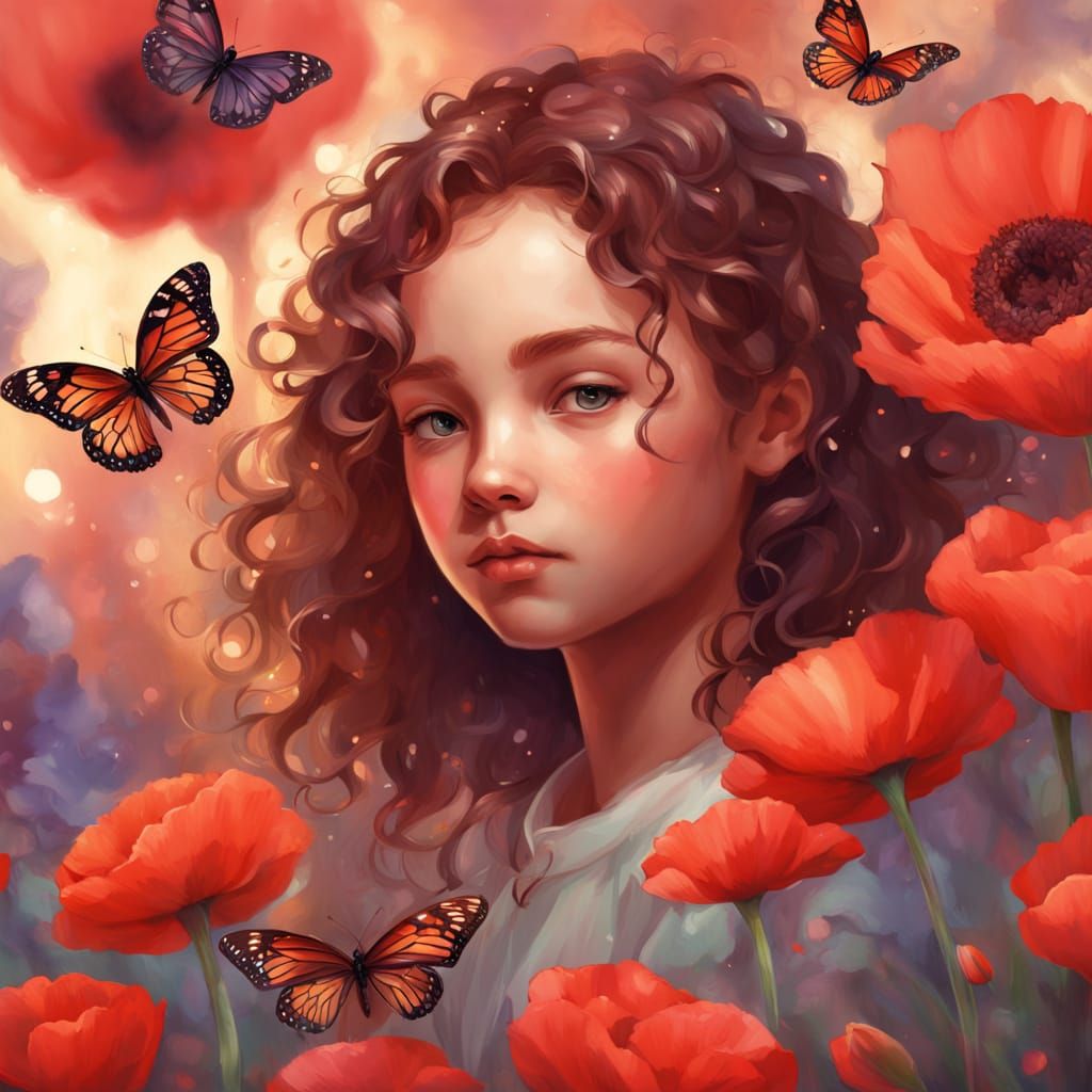 Gentle Girl Amidst Vibrant Coquelicots in Hyperrealistic Art