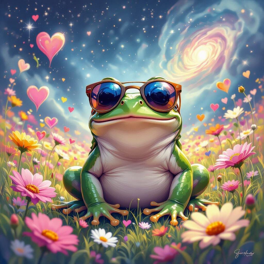 Frog in Sunglasses Amidst Floral Nebula, Watercolor Style