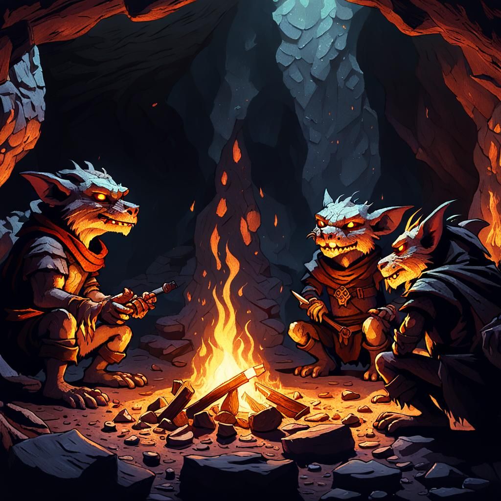 Kobolds Around Campfire in Dimly Lit Cave