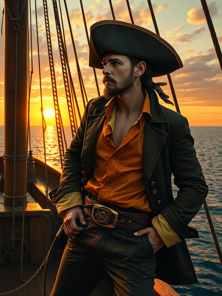 Rakishly Handsome Pirate on Deck as Oil Painting