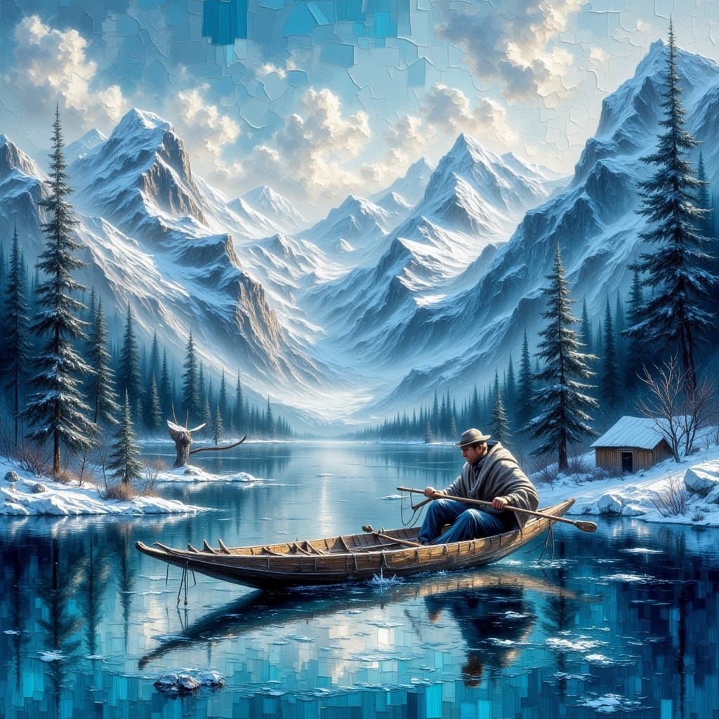 Snowy Mountains Reflected in Lake, Bierstadt Style