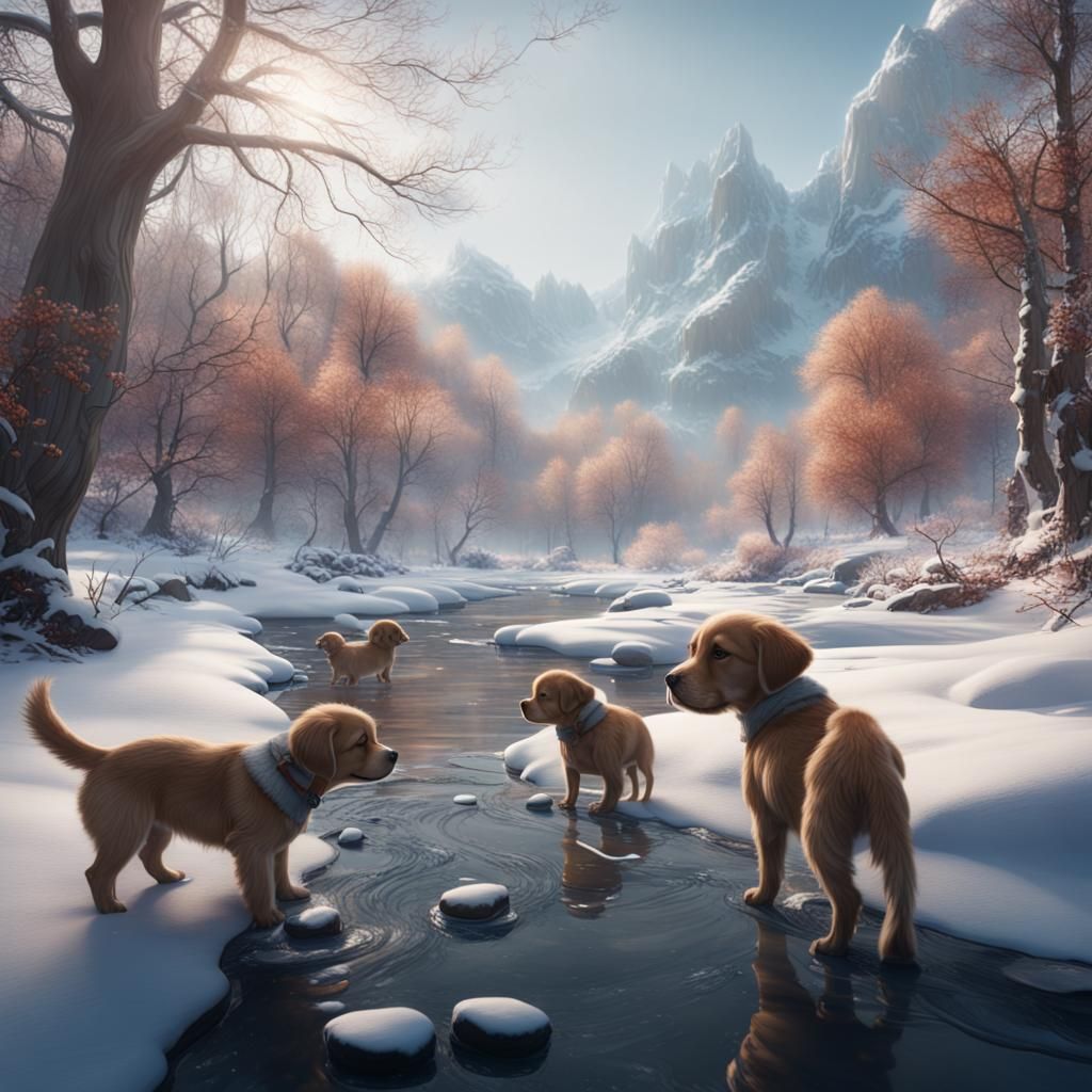 Winter Riverscape with Puppies: Detailed Matte Painting