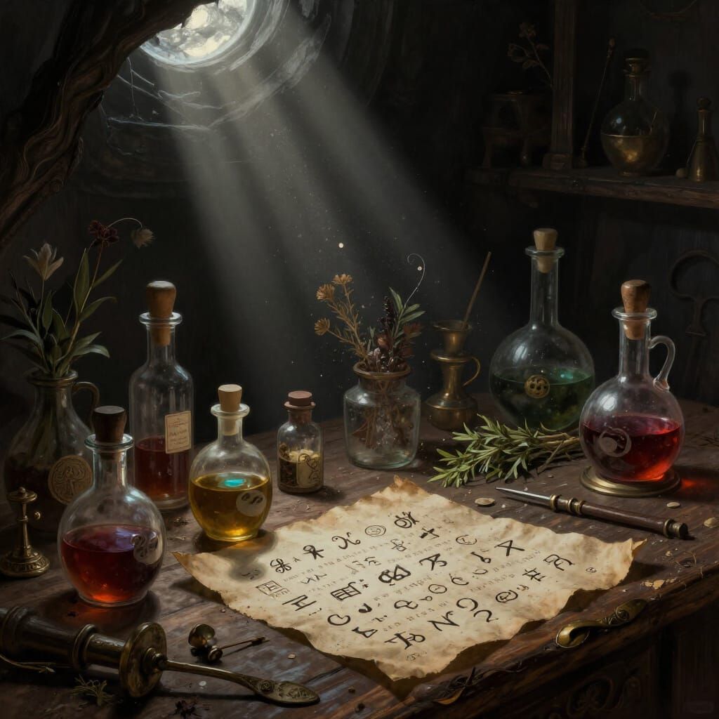 Alchemist's Workbench in Moonlight, Dark Fantasy Illustratio...