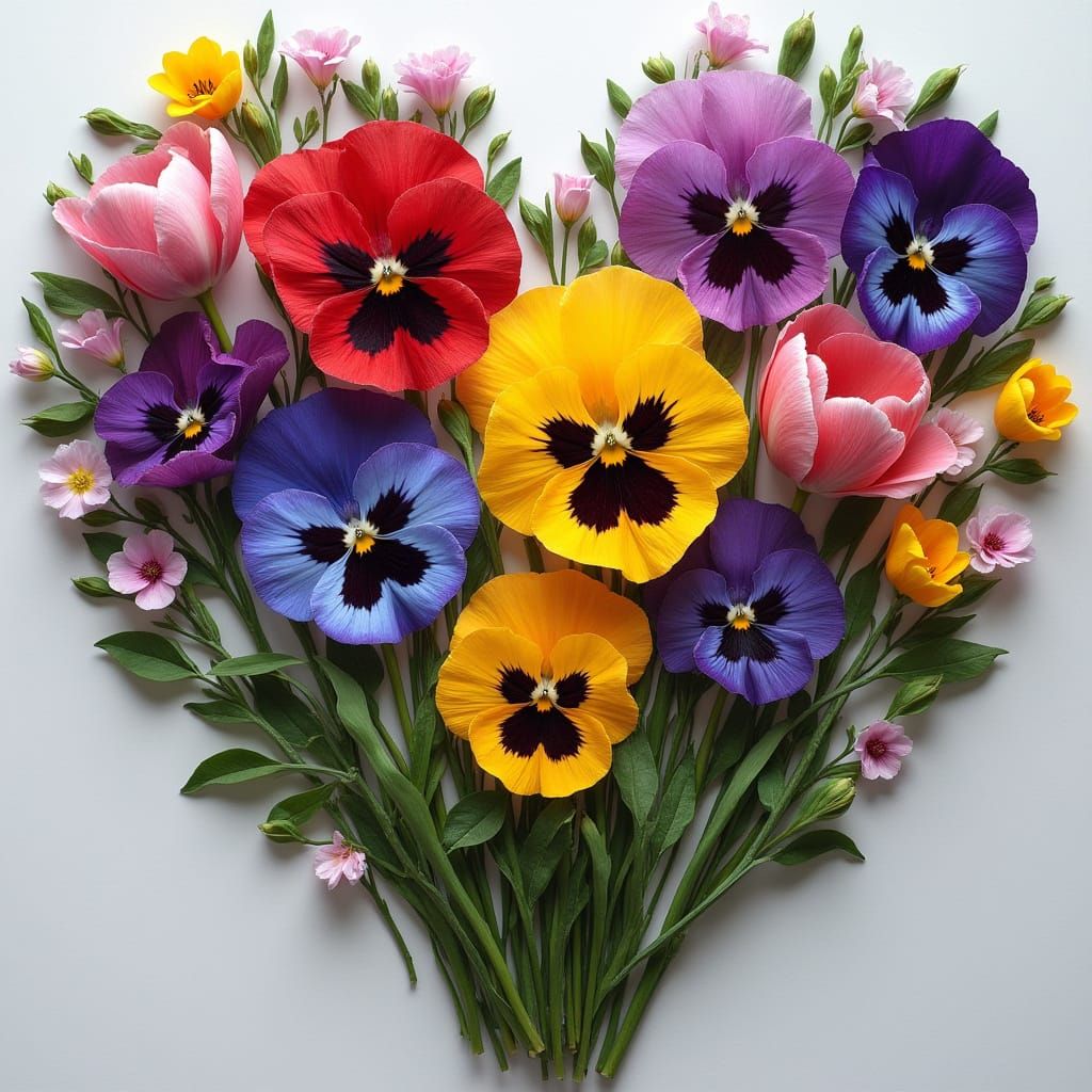 Floral Heart Made of Pansies and Tulips