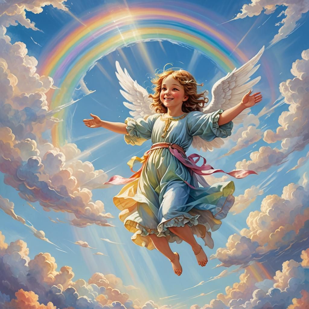 Angel Flying Through Rainbow Heaven: Whimsical Illustration