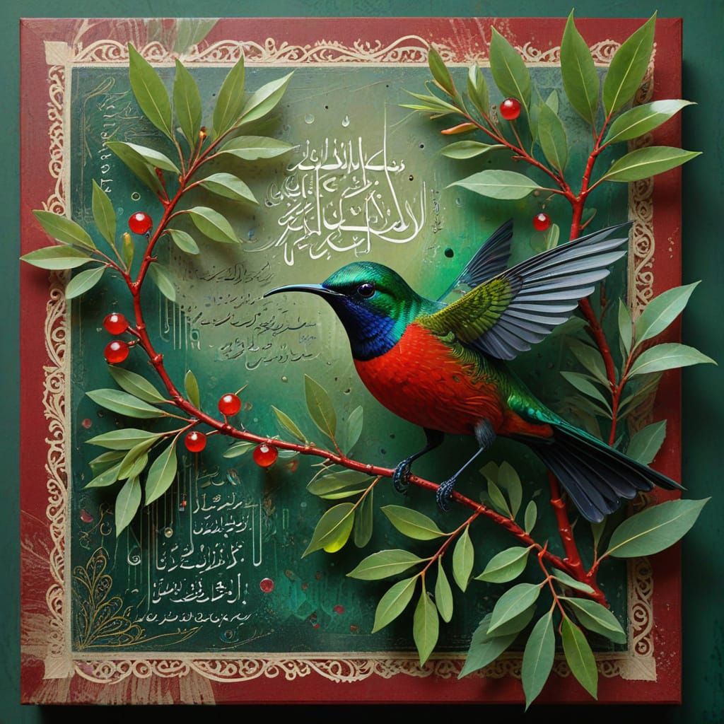 Palestinian Sunbird on Olive Branch: Encaustic Painting