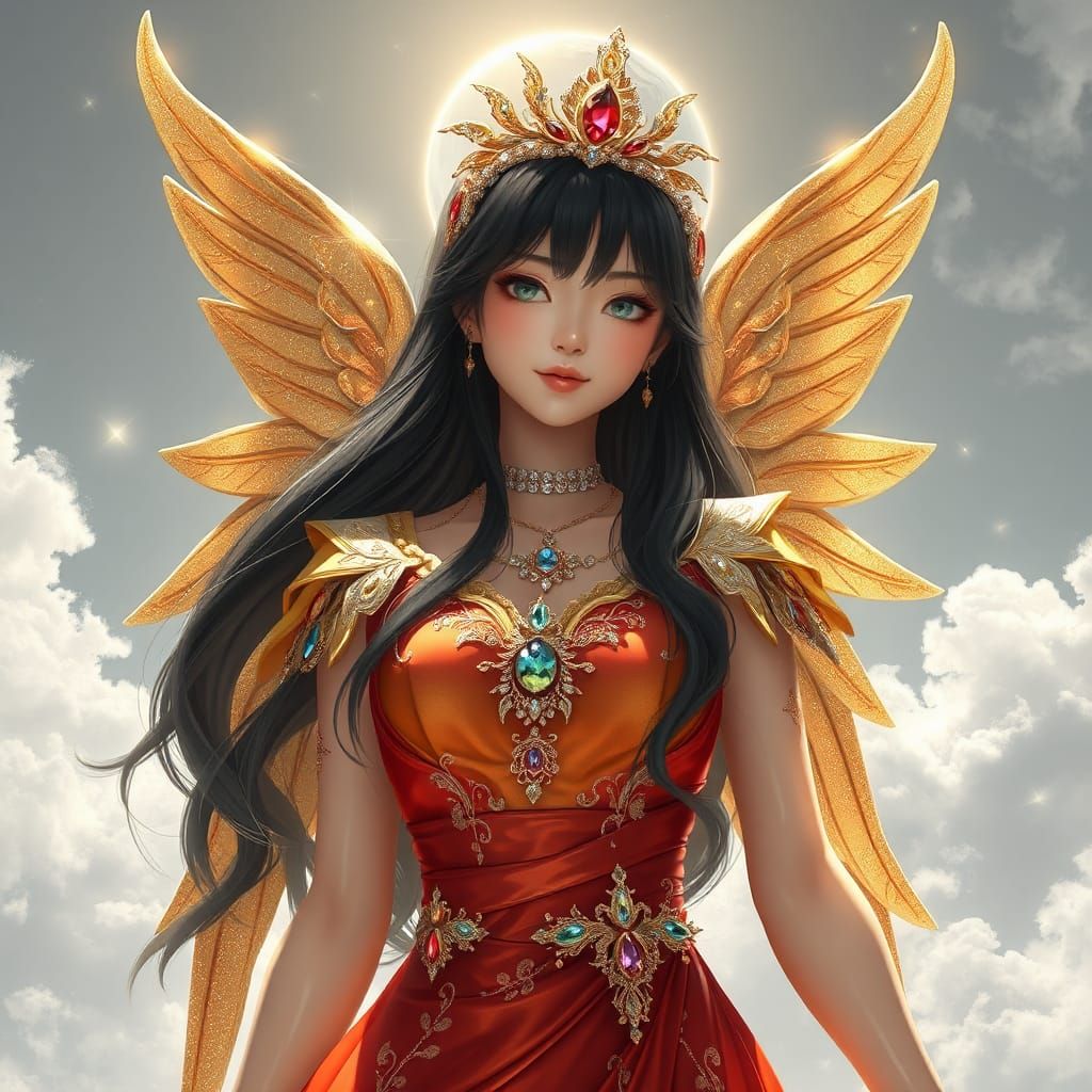 Golden Angel with Glittering Wings in Anime Style