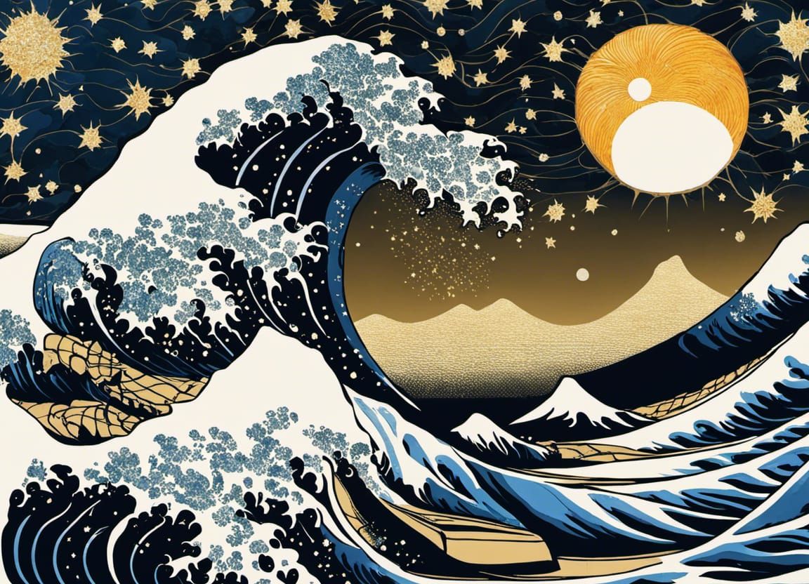 Hokusai Wave Under Starry Solar Eclipse