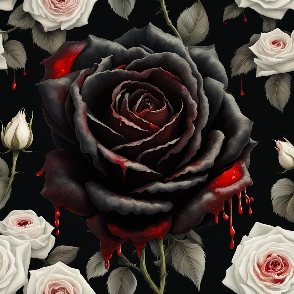 Dramatic Black Rose with Dripping Blood Digital Painting