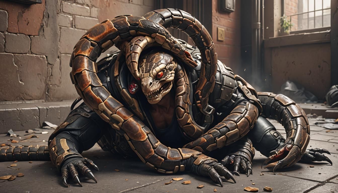 Cybernetic Boa Constrictor Squeezing Burglar in Hyperrealism