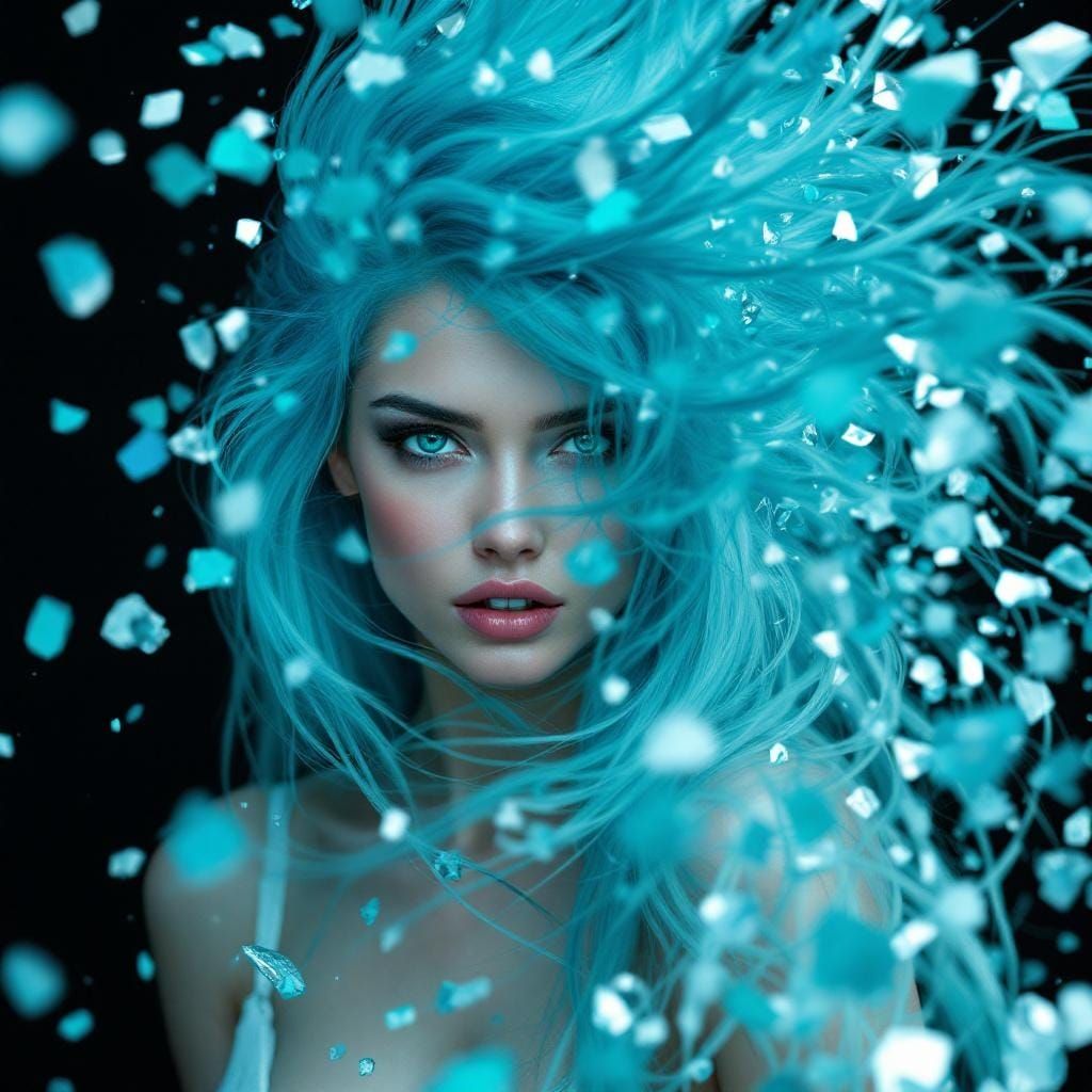 Crystalline Woman: Portrait with Flowing Blue Hair